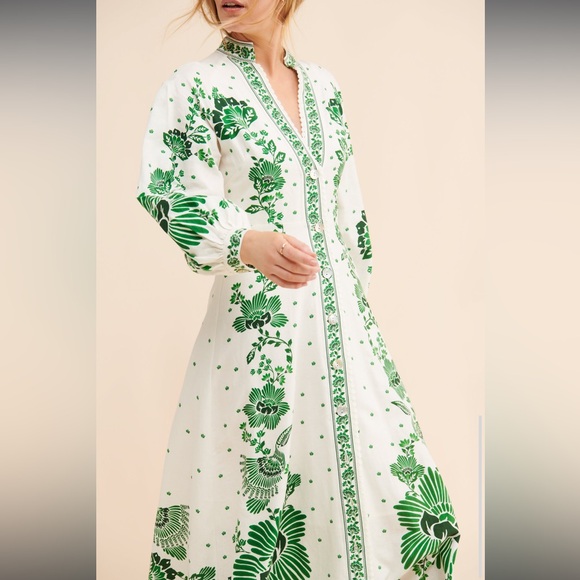 Magaschoni Green Forest Floral Linen Dress size Small - Picture 2 of 16